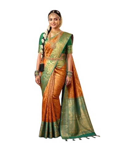 VFCollections Women's Traditional Handloom Kanchipuram Silk Pure Pattu Sarees | Rich Zari Woven Design | Bridal Saree | Unstitched Blouse-8 (VFC725-2)