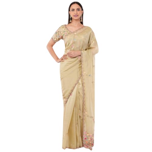 Gaon Originals Hand-Embroidered Silk Saree in Pastel Beige – 5.5m