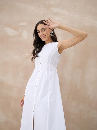 GulaboSitabo Women’s Halter Neck Pure Cotton Sleeveless Knee Length Dress for Women with Button Closure & Belt | Organic Cotton Ready to Wear Casual Party Outfit White