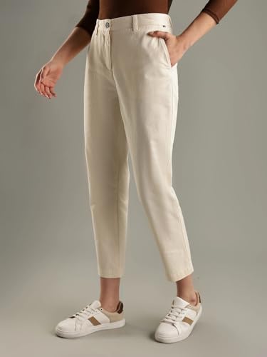 Slim Fit Solid Mid Rise Trouser Cream