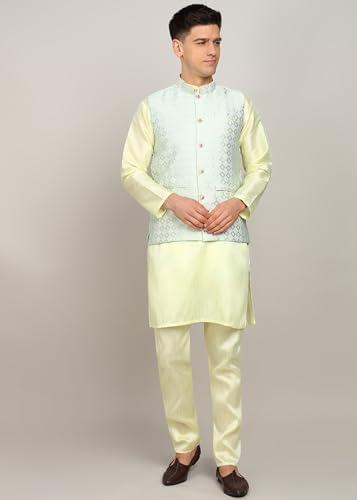 Fort Worth Men's Kurta Pyjama with Nehru Jacket - Elegant Indian Ethnic Wear for Weddings, Festivals, and Special Occasions - Traditional Sherwani Alternative, Comfortable Fabric (Lemon-36)