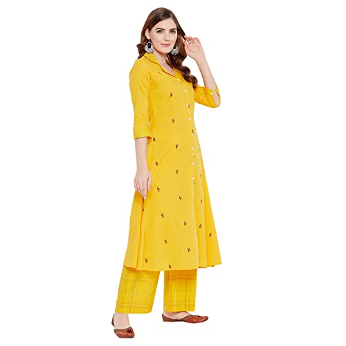 Rangavali Kurti Palazzo Set for Women | Readymade Straight Salwar Suit | Mangalgiri Cotton Straight Kurta for Womens | Printed Kurta with Printed Plazzo | 2 Pcs Set | L, 36 Yellow