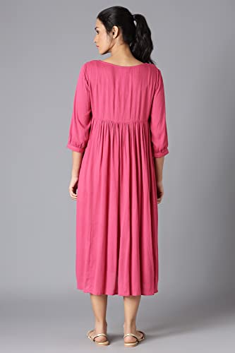 W for Woman Women's Viscose Dark Pink Flared Dress with Thread Embroidery Calf Length (22FEW17494-217011_Fuscia 2XL)