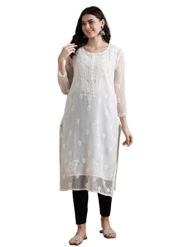 Ada Hand Embroidered Lucknowi Chikankari Women's Georgette Kurta Set with Slip A811191 White (XL)