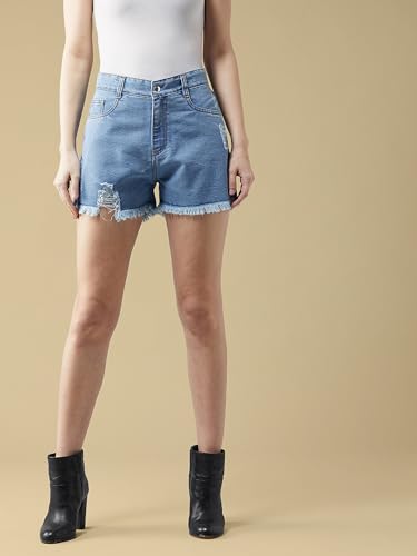 Miss Chase Women's Relaxed Fit Highly Distressed Mid Rise Ripped Denim Shorts (MCAW25DEN62-73-AAK-36, Vyntra Blue, 36)