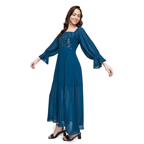 AND women's Polyester Fit Flare Long Length Dress (FW22AB017MXPG_TEAL_M)