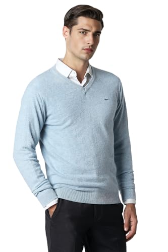 Men Blue Solid V Neck Sweater