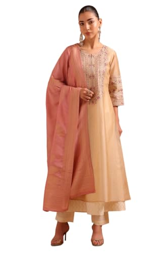 Soch Womens Beige Tissue Floral Printed Embroidered Woven Beads And Stones Salwar Suit