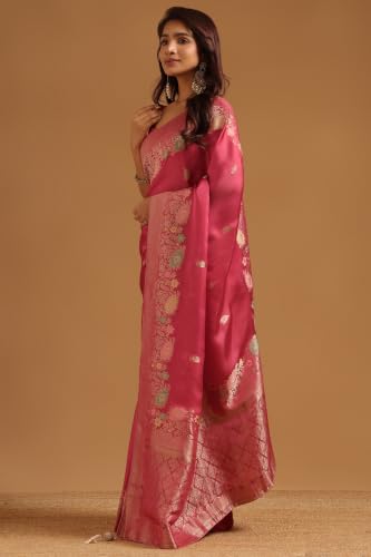 Soch Womens Onion Pink Satin Botanical Zari Woven Saree