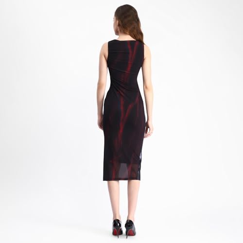 Madame Black Bodycon Abstract Print Ruched Midi Mesh Dress