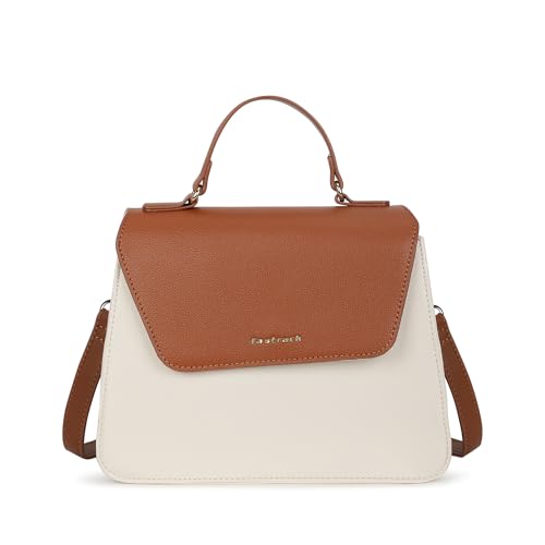 Fastrack white EdgePlay Satchel | Faux-Leather Women's Handbags | Structured Satchel with Flap + Zipper Closure, Detachable Strap & Top Handle | Gold Hardware | Everyday Carry