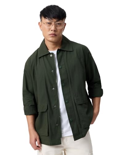 The Souled Store Utility Shacket: Dark Basil Men and Boys Long Sleeve Spread Collar Dark Green Solid Lightweight Easy to Style Everyday Office Wear Casual Cotton Shirt
