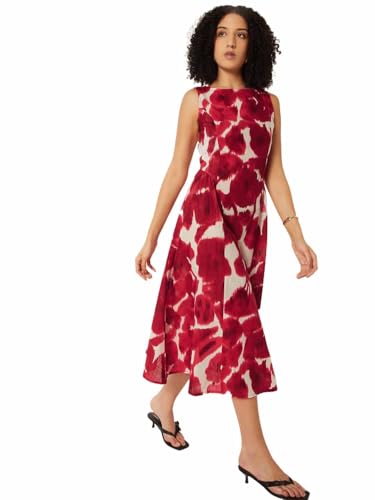 Max Women Printed A-line Midi Dress (White_M)