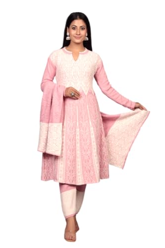 The Zigar Studio Woolen Kurta Set With Pants and Dupatta - Stitched Embroidery Suit Set with Pants and Dupatta-Floral Embroidery Woolen Kurta Set for Women Pk-Fullhair-Pink-L
