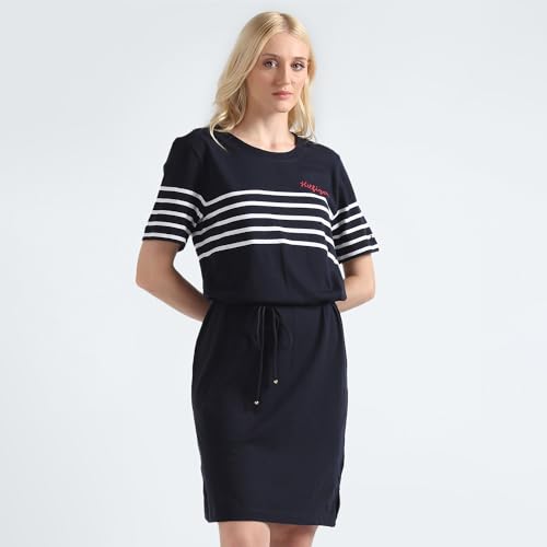 Tommy Hilfiger Cotton Navy Striped Round Neck Short Sleeves Women T-Shirt Dress (L)