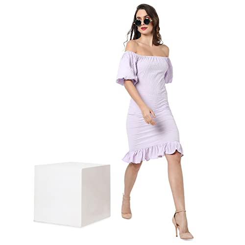 Campus Sutra Women's Lilac Puff-Sleeved Creased Dress for Casual Wear | Off-Shoulder | Short Sleeve | Pull On Closure | Dress Crafted with Comfort Fit for Everyday Wear