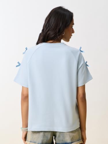 The Souled Store Gentlewomen Women and Girls Short Sleeve Round Neck Light Blue Embroidered Cotton Oversized Breathable Ribbon Tie T-Shirts
