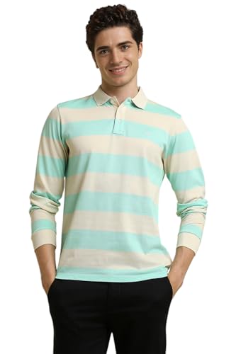 Men Orange Stripe Polo Neck T-Shirt