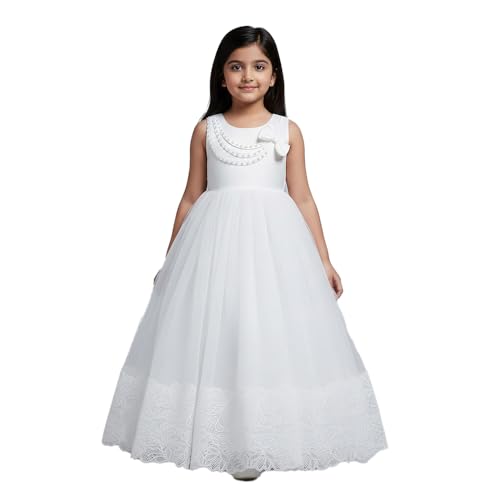 Hopscotch Girls Floral Embroidered Sleeveless Gown in White Color for Age (4-5 Years)