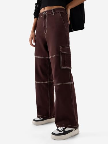 The Souled Store TSS Originals: Copper Women and Girls Straight Fit Cotton Cargo Jeans Women Jeans Bottoms Casual Lounge Pants Fashionable Outdoor Comfy Stretchy Breathable Lightweight Stylish Wide