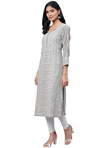 Ada Ladies Georgette Kurta with Slip Traditional Handcrafted Lucknow Chikankari Kurti Dress A411115 (Grey, XL)