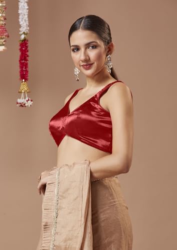 SALWAR STUDIO Red Satin Sleeveless Readymade Blouse