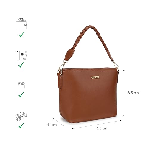 Fastrack Women Dual Carry Sling Bag | Detachable Braided Handle and Adjustable Sling Belt, Top Zip Closure, Inner Zip and Slip Pockets | Sling Bag for Casual Carry, Tan