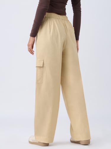 The Souled Store Cotton Linen Pants: Rich Cream Women Buttoned Waistband Solid Lightweight Utility Straight Fit Cargo Pants