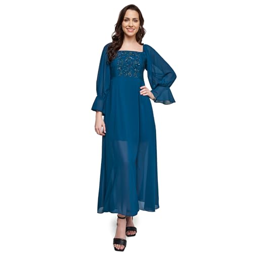 AND women's Polyester Fit Flare Long Length Dress (FW22AB017MXPG_TEAL_M)