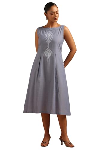 Soch Womens Blue Chambray Ethnic Motifs Dress with Machine Embroidery and Thread Work
