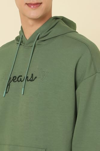 Men Olive Hooded Neck Full Sleeves Casual Sweatshirt