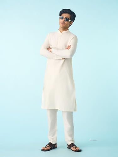 DIWAS BY MANYAVAR Men's Blended Viscose Self Design Festive Kurta Set (2pc) (Cream, L)