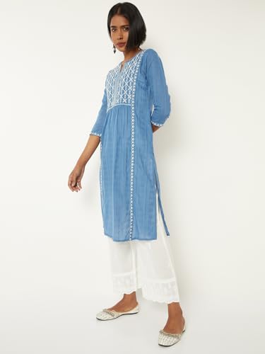 Max Women Embroidered Straight Kurta (Blue_M)