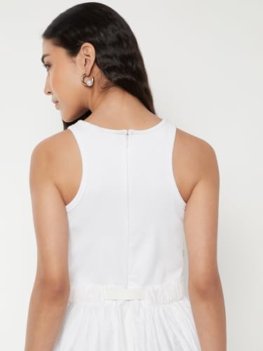 Max Women Solid A-line Midi Dress with Belt (Off White_S)
