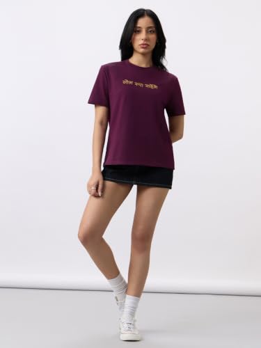 The Souled Store Casual Classics: Log Kya Kahenge Women and Girls Short Sleeves Round Neck Plum Embroidered Cotton Relaxed Fit Breathable Comfortable Everyday Casual T-Shirts