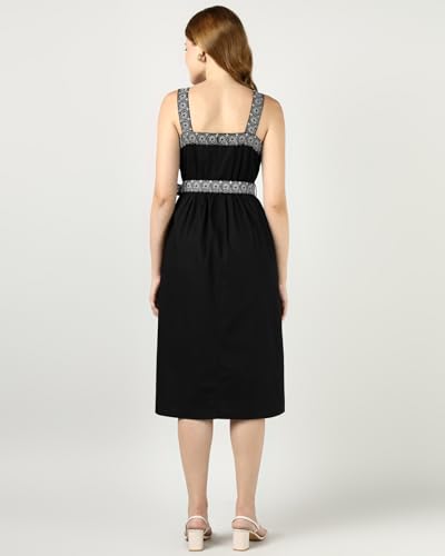 Sands of India Women’s Black Embroidered Midi Dress | Sleeveless Belted Evening Dress | Elegant Party, Casual Dress for Women