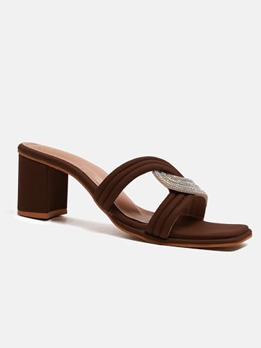 JM LOOKS Women's Block Heeled Sandals Low Chunky Heels Embellished Upper Open Square Toe Dress Shoes for Wedding Bridal Party - Brown