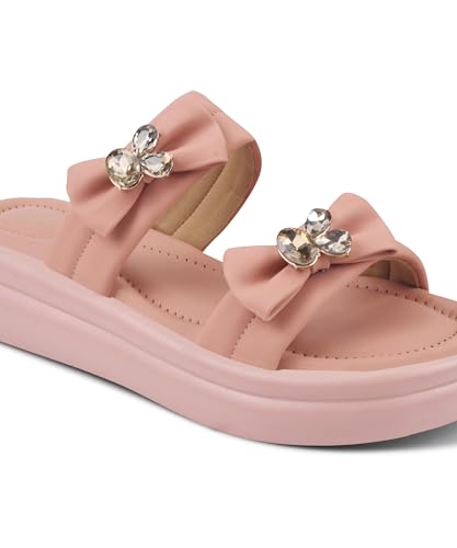 JM LOOKS Women Open Toe Stone Embellished Platform Heels Sandals with Bows Peach
