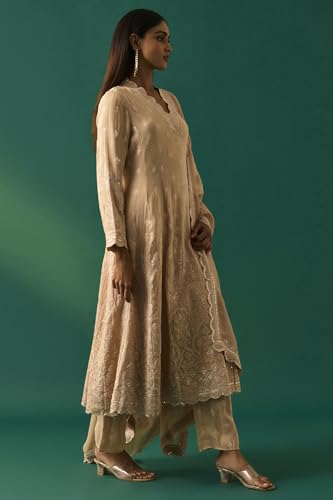 Wishful Women's Beige Embroidered Anarkali Kurta with Straight Pant and Dupatta Set - (SP12866-401193-M)