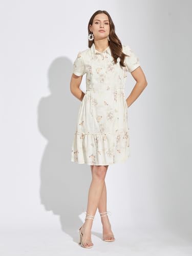 Latin Quarters Women White Collar Neck Half Sleeves Printed Above Knee Shirt Dress for Casual Wear_L