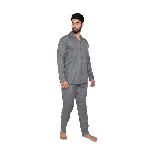 Tatwam FILAFIL Cotton RICHED with Polyester Mens Nightsuit with Fully Elastic Pajama and Buttoned Full Sleeve TOP Size-L,D.Grey