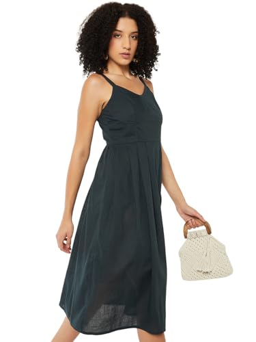 Max Women Pleated A-line Midi Dress(Green_XL)
