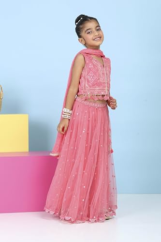 Biba Girls Pink Cotton Satin Solid Regular Lehenga Set_12-13Y