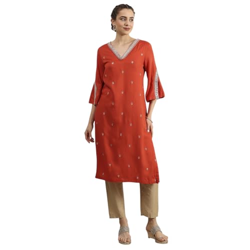 Biba Women Orange Viscose Rayon Straight Solid Kurta_40