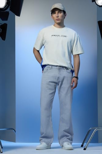 SNITCH Stars Within Men Casual Jeans | Light-Washed Bootcut Design with Turned-Up Hem & Relaxed Thigh | 100% Cotton Smooth Texture for Summer Comfort & Vintage Style |Light Blue