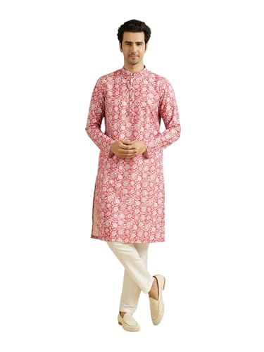 Manyavar Men's Cotton Blend Floral Print Kurta Pyjama Set (Red,XL)