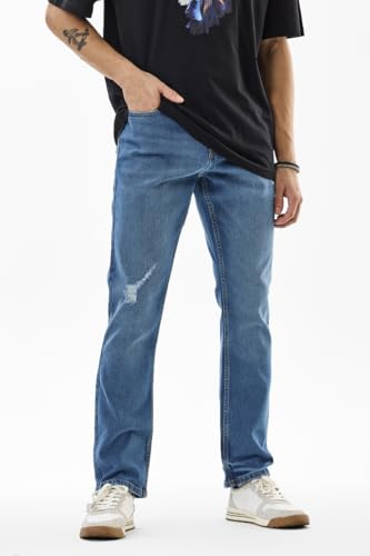 SNITCH Men Blue Jeans | Comfort Fit Mid Rise Straight Leg | Cotton Blend with Medium Stretch & Light Distressed Pattern | Casual & Street Wear for All Seasons