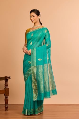 Taneira Women Green Silk Cotton Chanderi Woven Saree with Unstitched Blouse Piece (SAPH04AA5585-Green)