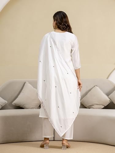 TRENDMALLS Women's Chanderi Embroidery Kurta Pant with Dupatta Set (G386-White-M-)