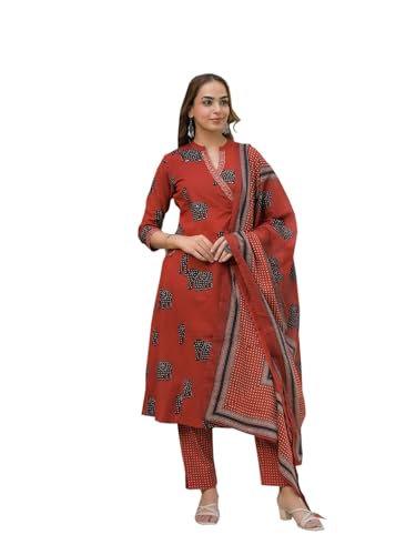 Divena Red Animal Print Cotton A-Line Kurta Pant with Dupatta